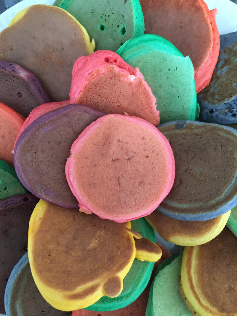 Multicolor pancakes for Elena's birthday gathering.